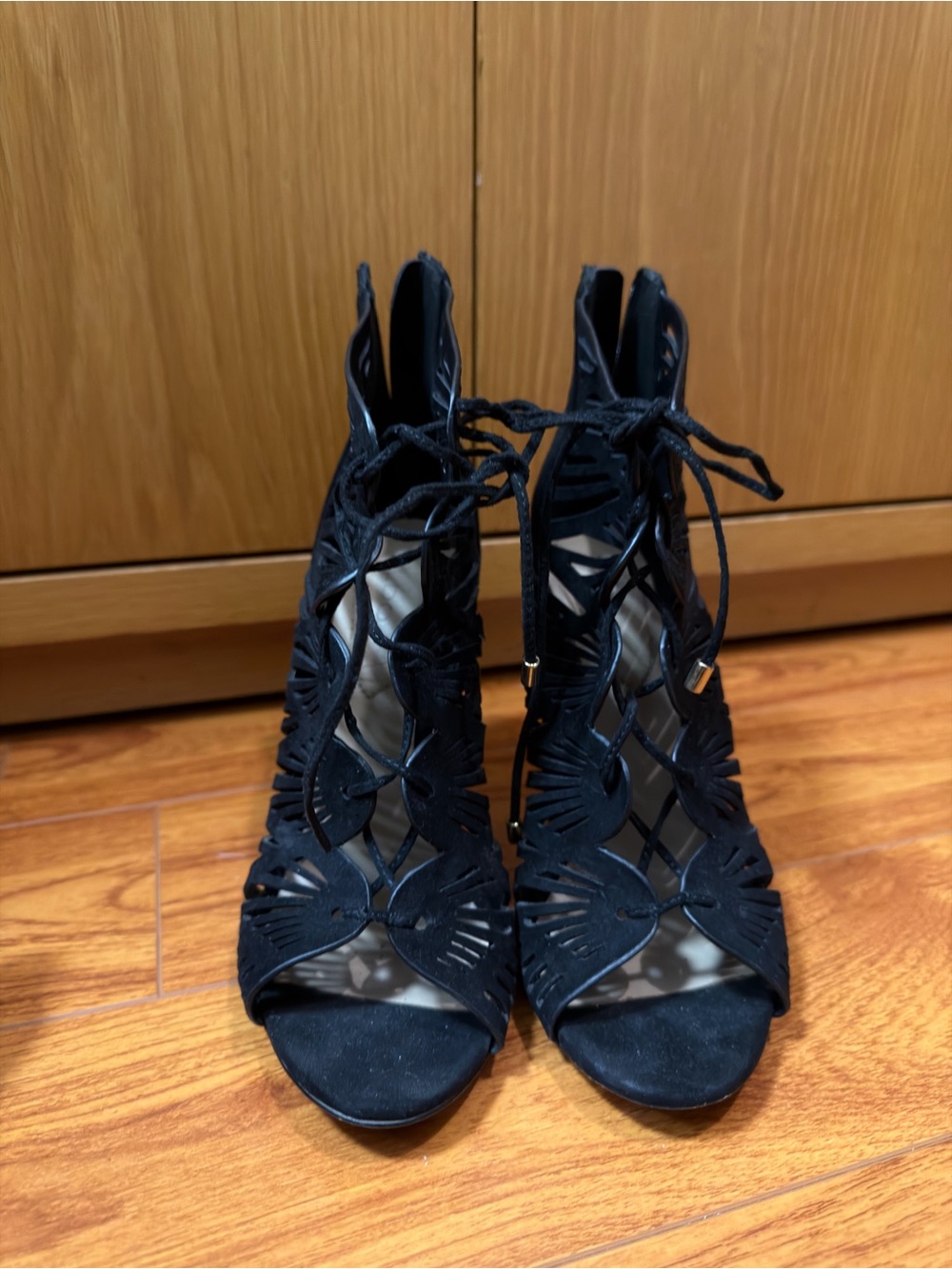Women's Black Cutout Lace-Up Heeled Sandals